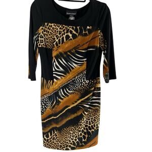 FRANK Lyman long sleeve leopard cheetah tiger print ruched bodycon midi dress